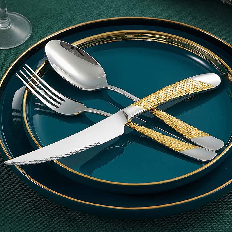 Ensemble de couverts en argenterie, ensemble vaisselle luxe 24 pièces, for couteau, fourchette, cuillère, argent et or, table, dîner, lavable au lave-vaisselle