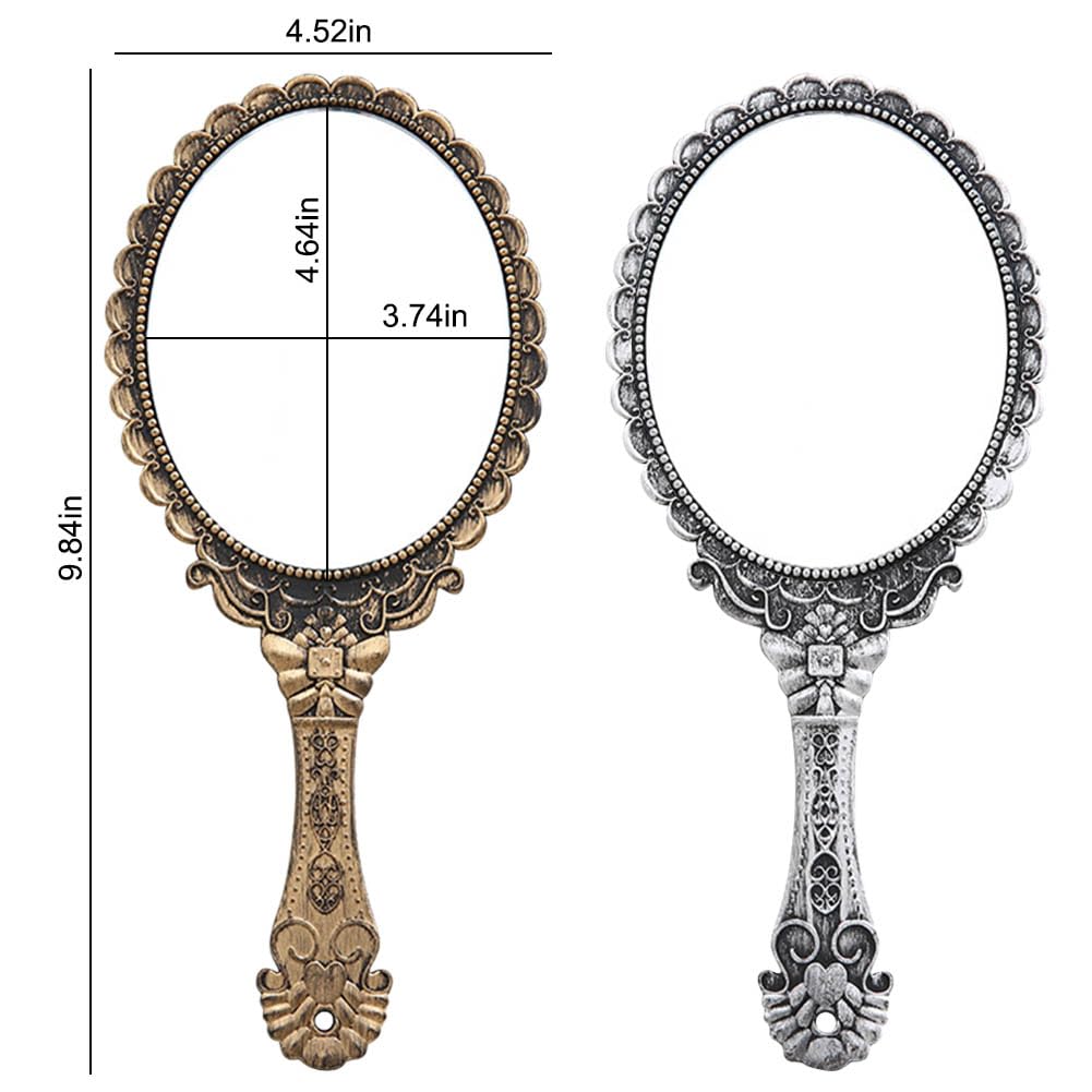2 Vintage Handspiegel Mit Griff – Kosmetikspiegel Aus Kunststoff, 24,9 X 11,4 Cm, Silber & Bronze, Für Schminken & Reise