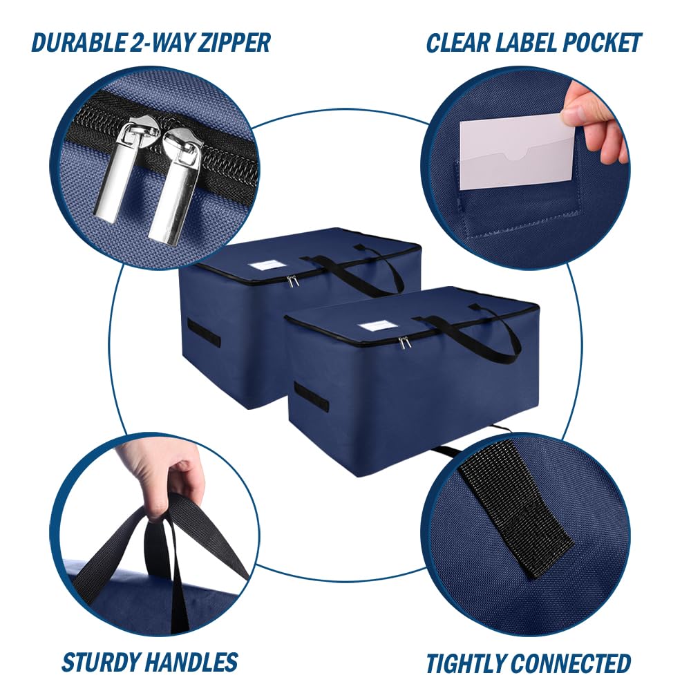 2 Pezzi Grande Borsa Portaoggetti, 105L Pieghevole Contenitore Vestiti con Manico e Cerniera, Organizzatore di Contenitore Sottoletto, Scatole Portaoggetti per Giocattoli, Trapunte, Blu Scuro