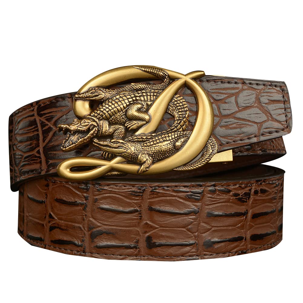 BDAYEK Men's Belt Men's Genuine Leather Ratchet Belt, Adjustable Trim Cowhide Crocodile Automatic Buckle, 120Cm/47Inch