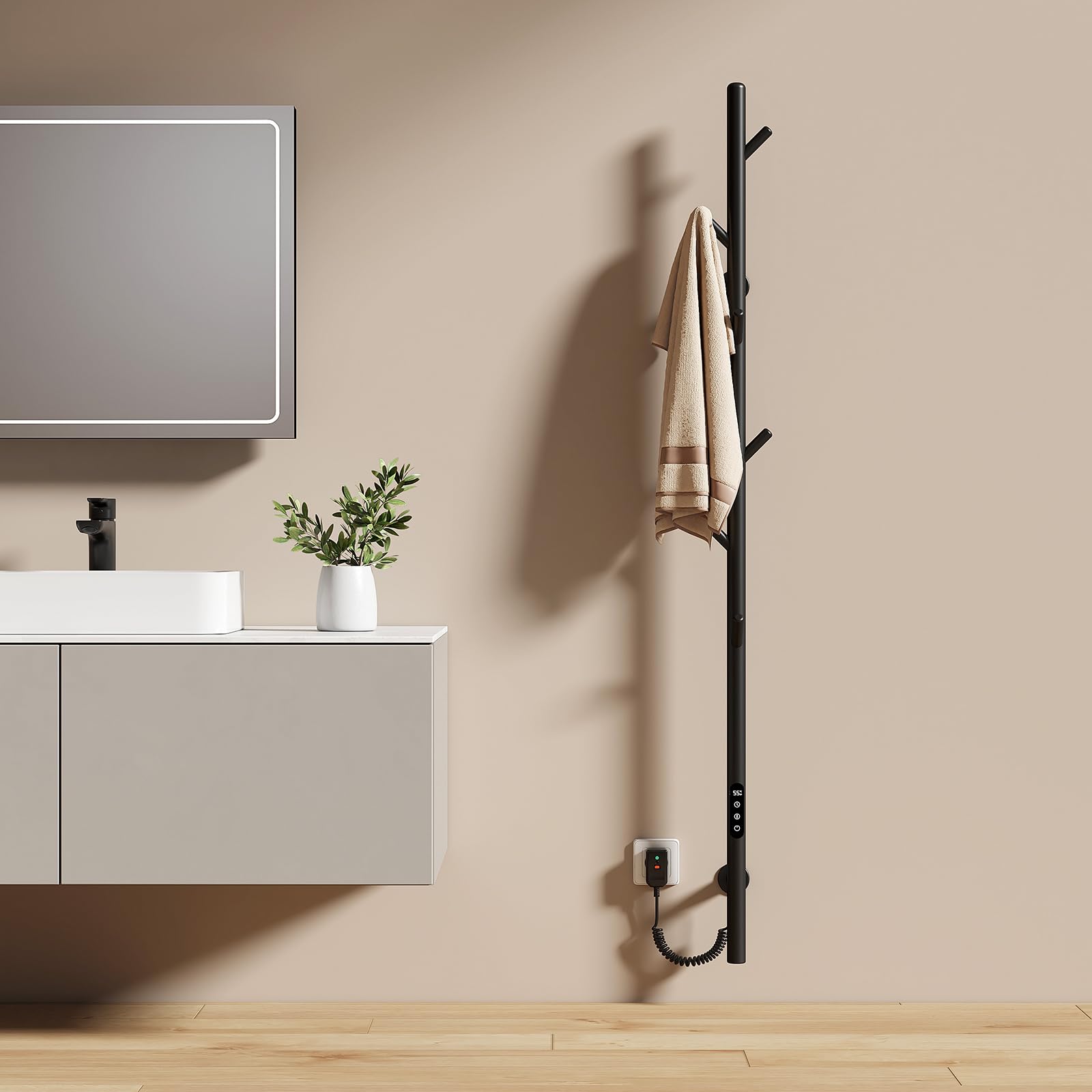 EMKE Scaldasalviette Elettrico da Bagno, Portasalviette Riscaldato con 6 Ganci, Nero
