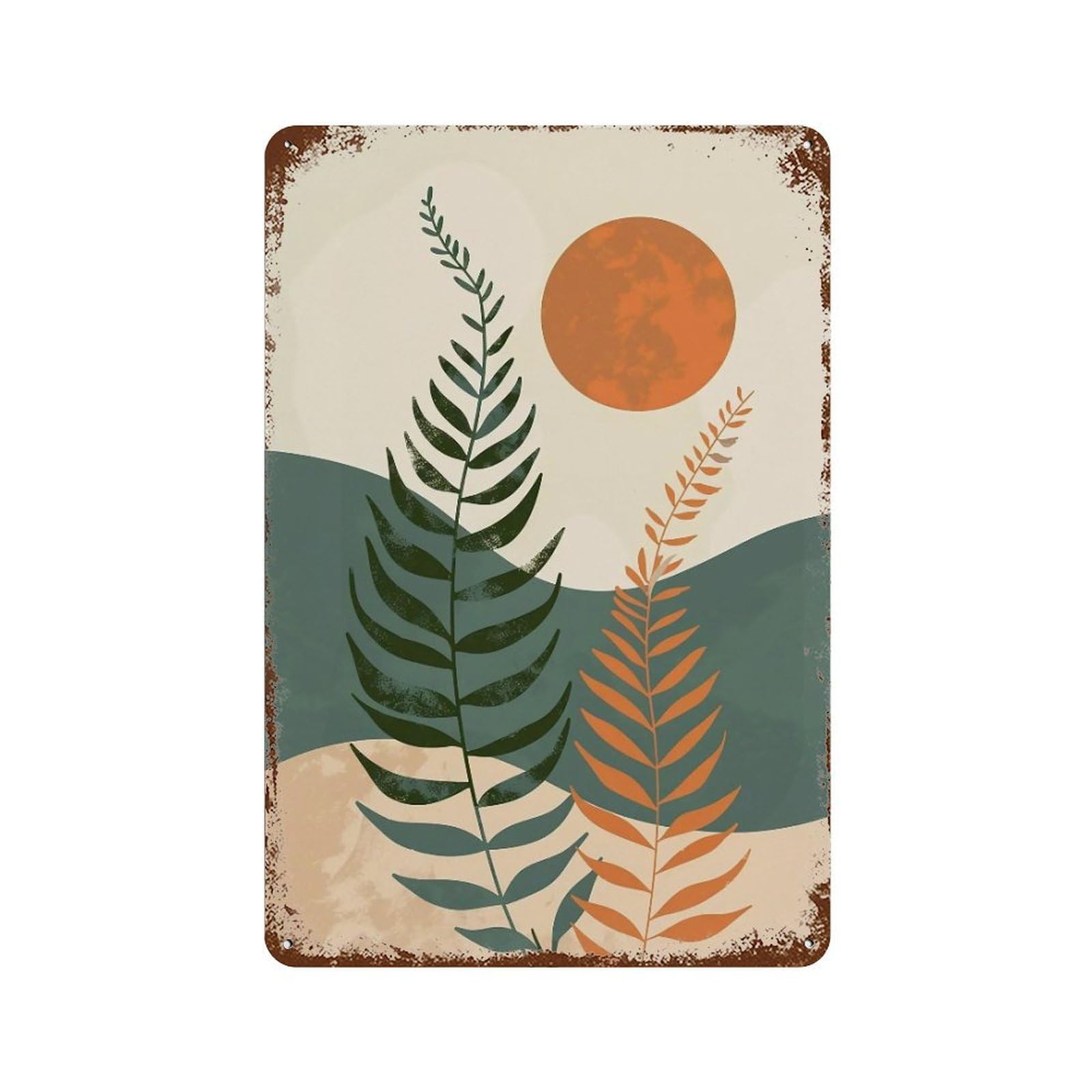 WIHYRTUI Minimal Flat Earth Tone Leafy Branch Sun Moon 01 Wall Retro Iron Metal Tin Sign Vintage Art Poster Modern Home Cofffee Club Art Bar Shop Decor Style 30x20cm