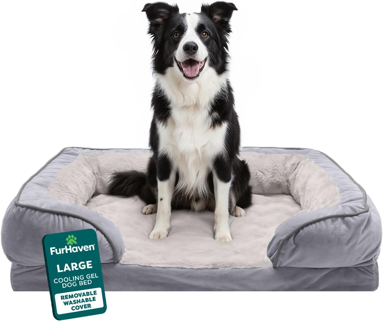 Furhaven Cooling Gel Dog Bed for Large/Medium Dogs w/ Removable Bolsters & Washable Cover, For Dogs Up to 55 lbs - Plush & Velvet Waves Perfect Comfort Sofa - Granite Gray, Large Large Granite Gray