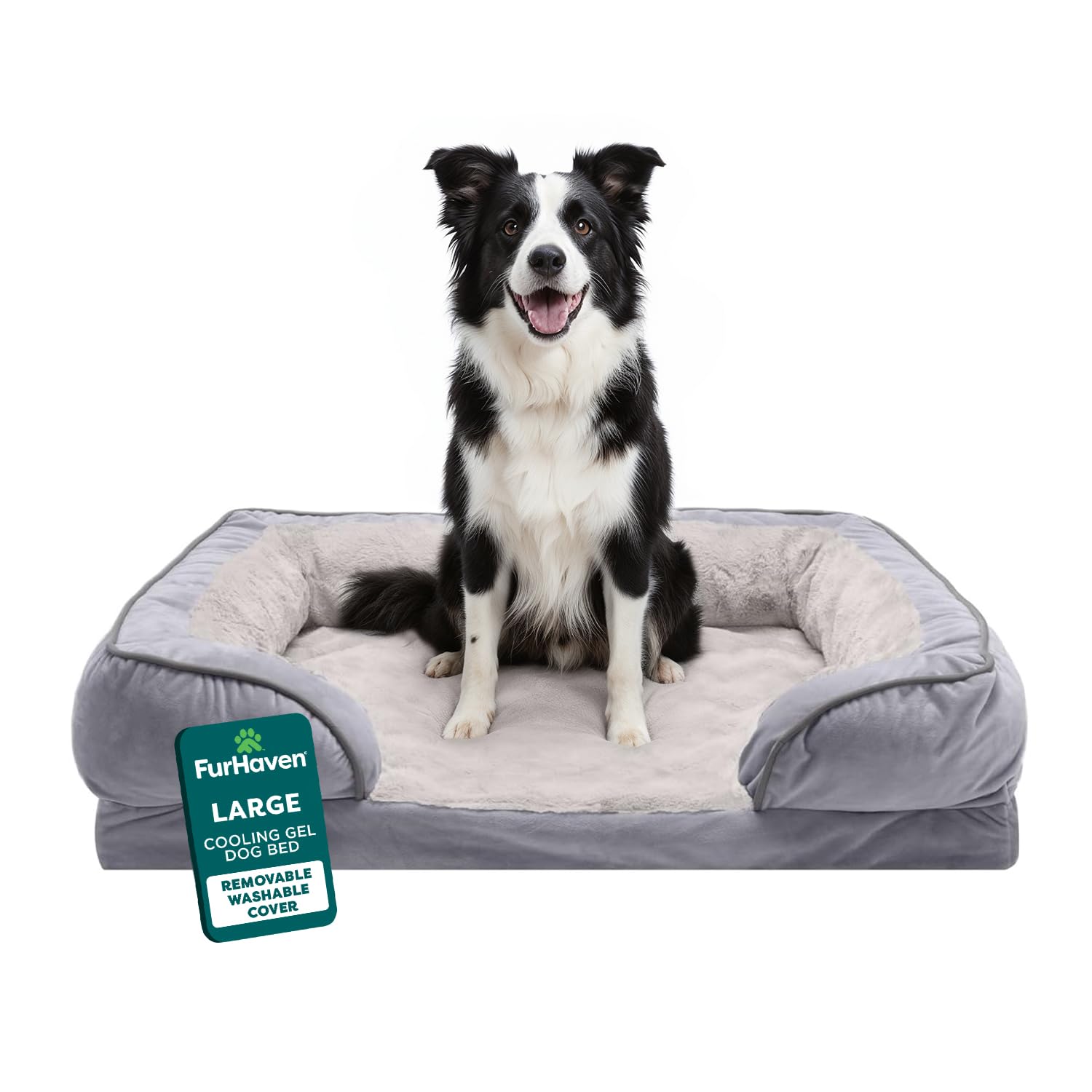 Furhaven Cooling Gel Dog Bed for Large/Medium Dogs w/ Removable Bolsters & Washable Cover, For Dogs Up to 55 lbs - Plush & Velvet Waves Perfect