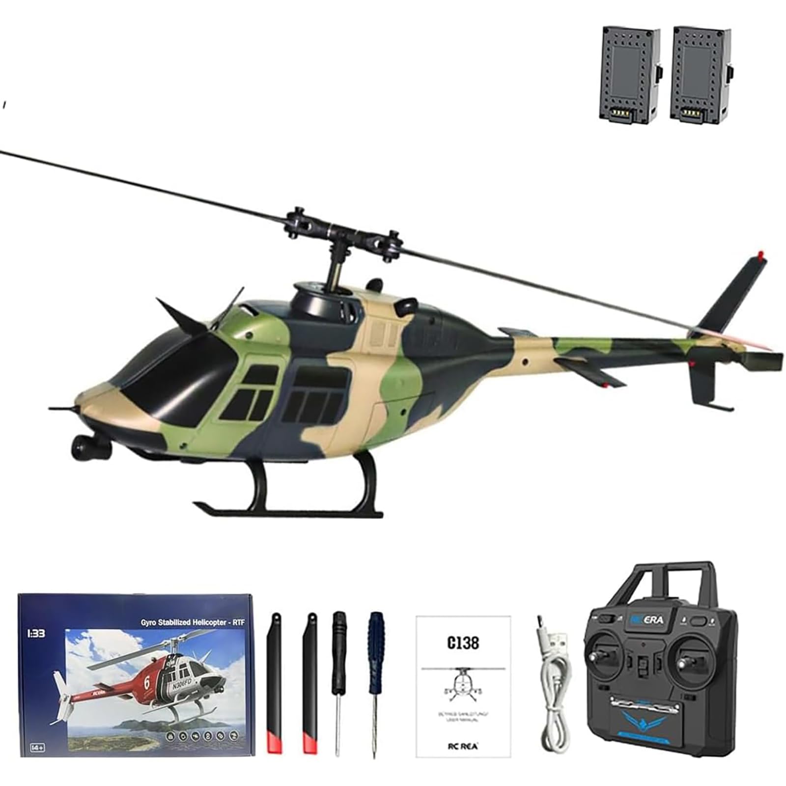 Generico C138 Elicottero RC con giroscopio a 6 Assi, 1/30 Scala 2.4G 6CH Aeromobili telecomandati con Mantenimento dell'altitudine e Posizionamento Ottico del Flusso, Regalo per Adulti,2 Battery