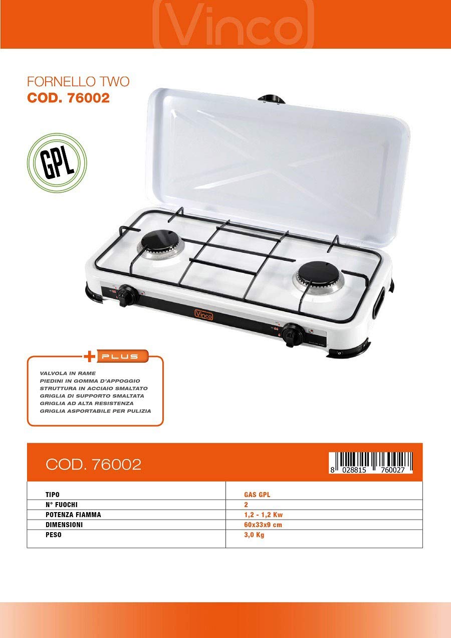 VINCO Fornello A Gas Gpl 2 Fuochi Bruciatore 1.2 Kw 76002 Campeggio Camper