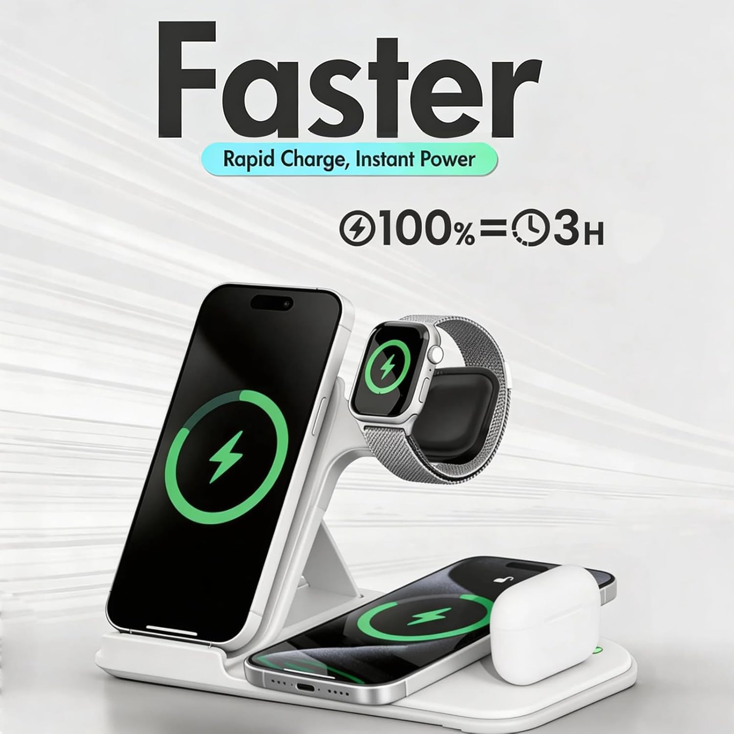 5 in 1 Wireless Charging Station for Multiple Devices, Premium Fast Charging Stand for Apple Samsung Android, Dual Phone Dock with USB Port for Desk Nightstand