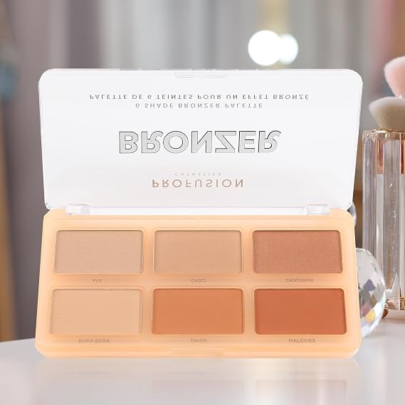 Profusion Cosmetics 6 Shades Bronzer Palette - Matte & Shimmer Finishes for Natural Definition, Buildable & Blendable Powder for Face Sculpting with Long-Wearing Makeup Coverage