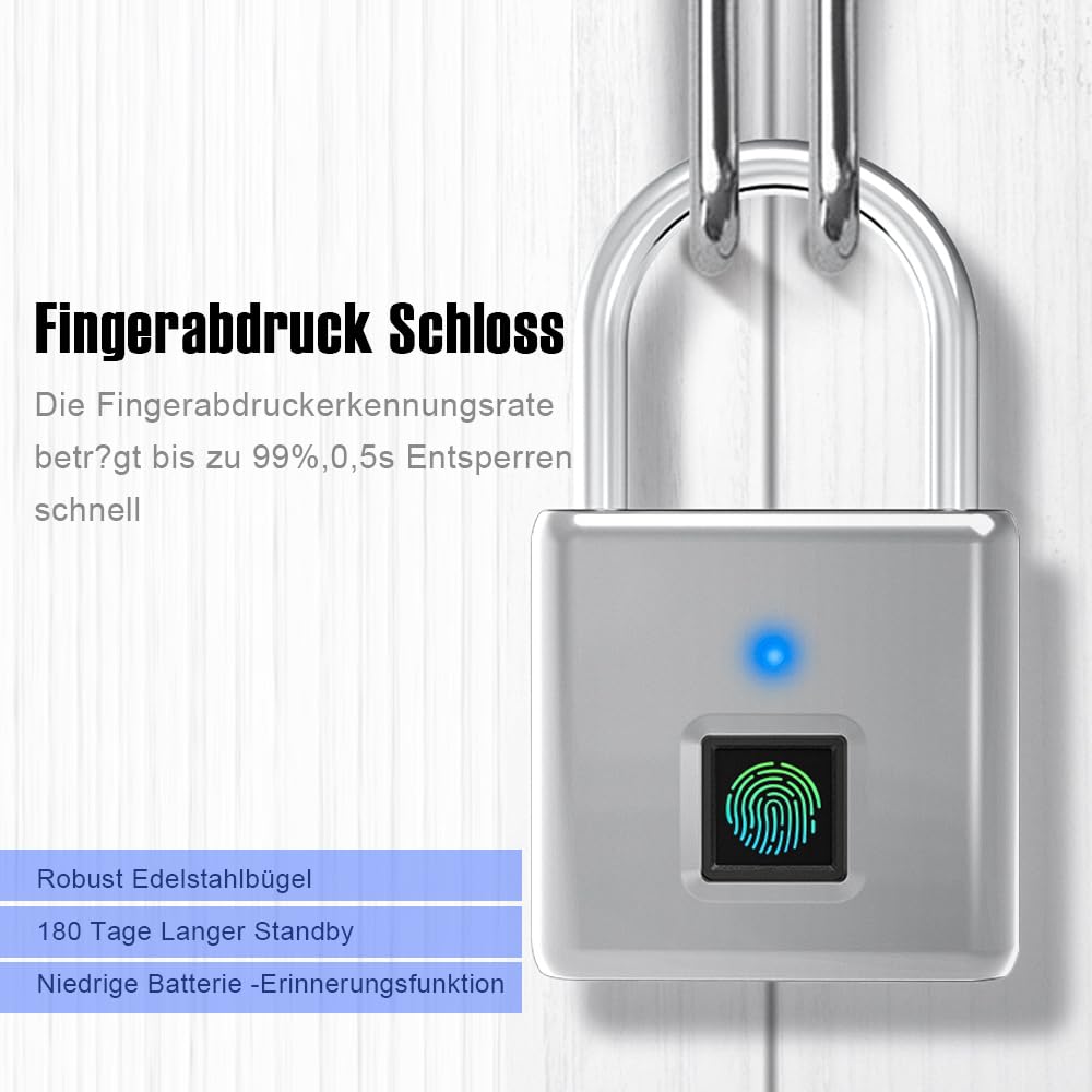 Candado con huellas dactilares, IP55 resistente al agua, candado de huellas dactilares, carga USB, Bluetooth biométrico, bloqueo de alta seguridad para gimnasio, garaje, cobertizo, plata
