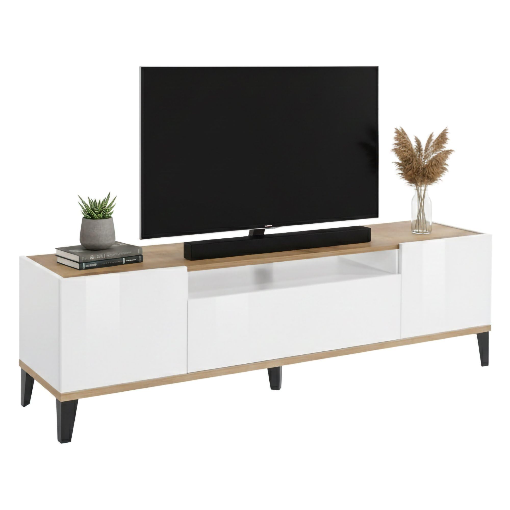 Dmora - Mobile porta TV Ivan, Credenza bassa da soggiorno a 2 ante, Base porta televisione, 100% Made in Italy, cm 160x40h47, Bianco lucido e Acero