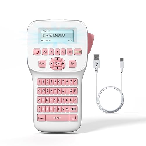 Label Maker, Pink Label Maker Machine with Tapes LM1600, Rechargeable Handheld Label Maker with QWERTY Keyboard, Backlighting LCD Screen Labeler Machine for Home School Office Organization - Pink - Label Maker with 1 Tape