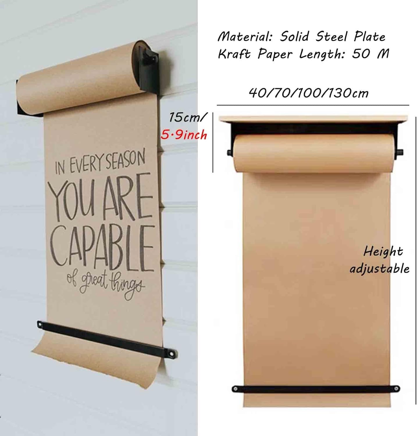 Distributeur Et Coupe-Rouleau De Papier, Fixation Murale, pour Enrouler Et Couper Facilement Le Papier Kraft, Tableau Mémo Pratique Inclus, Papier Blanc, Largeur 70 Cm.
