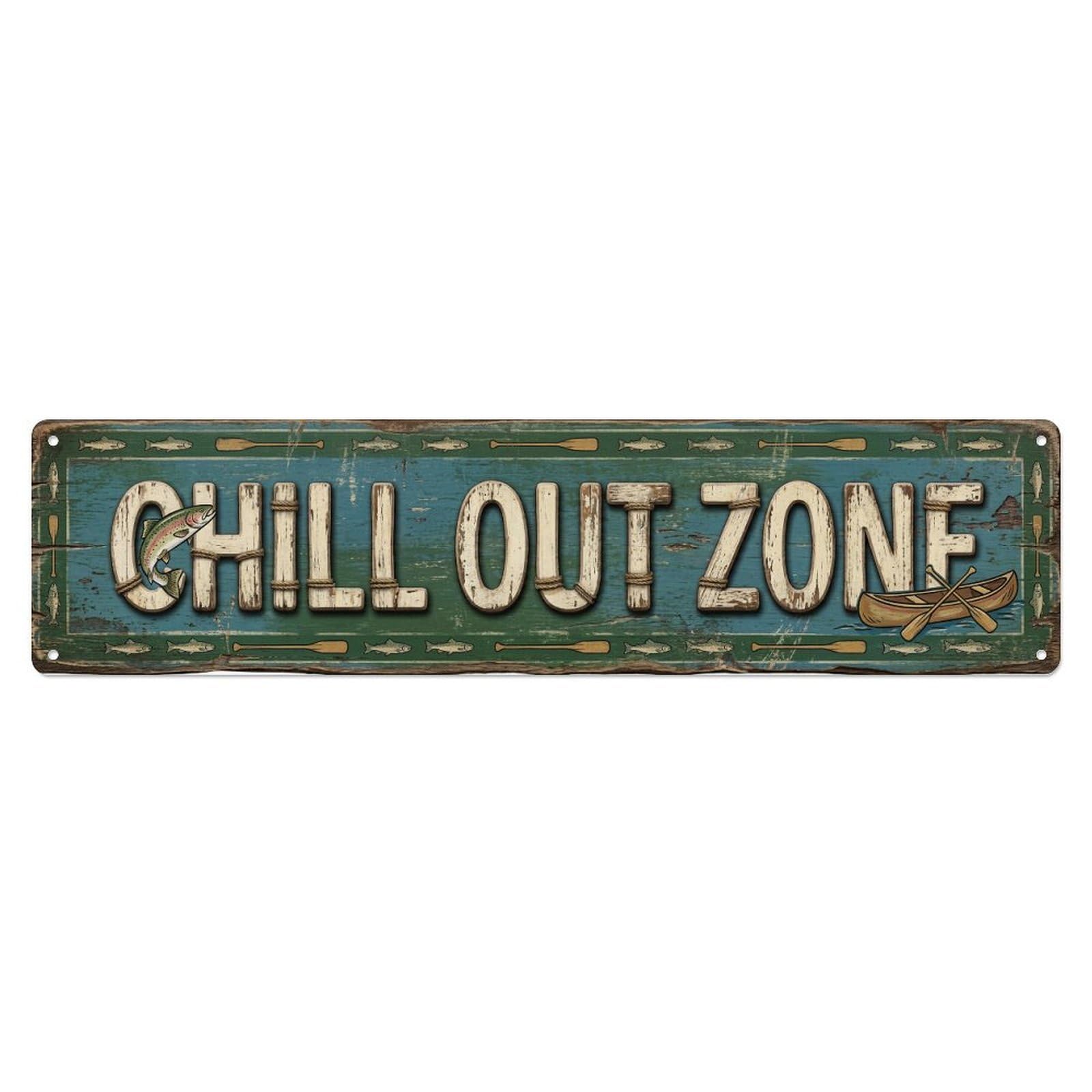 Chill Out Zone Faded Lake House 2 Metal Tin Skinny Sign Plaque Wall Decor for Cafe, Club Bar, Office, Home Garden Metal Poster 4x16Inch