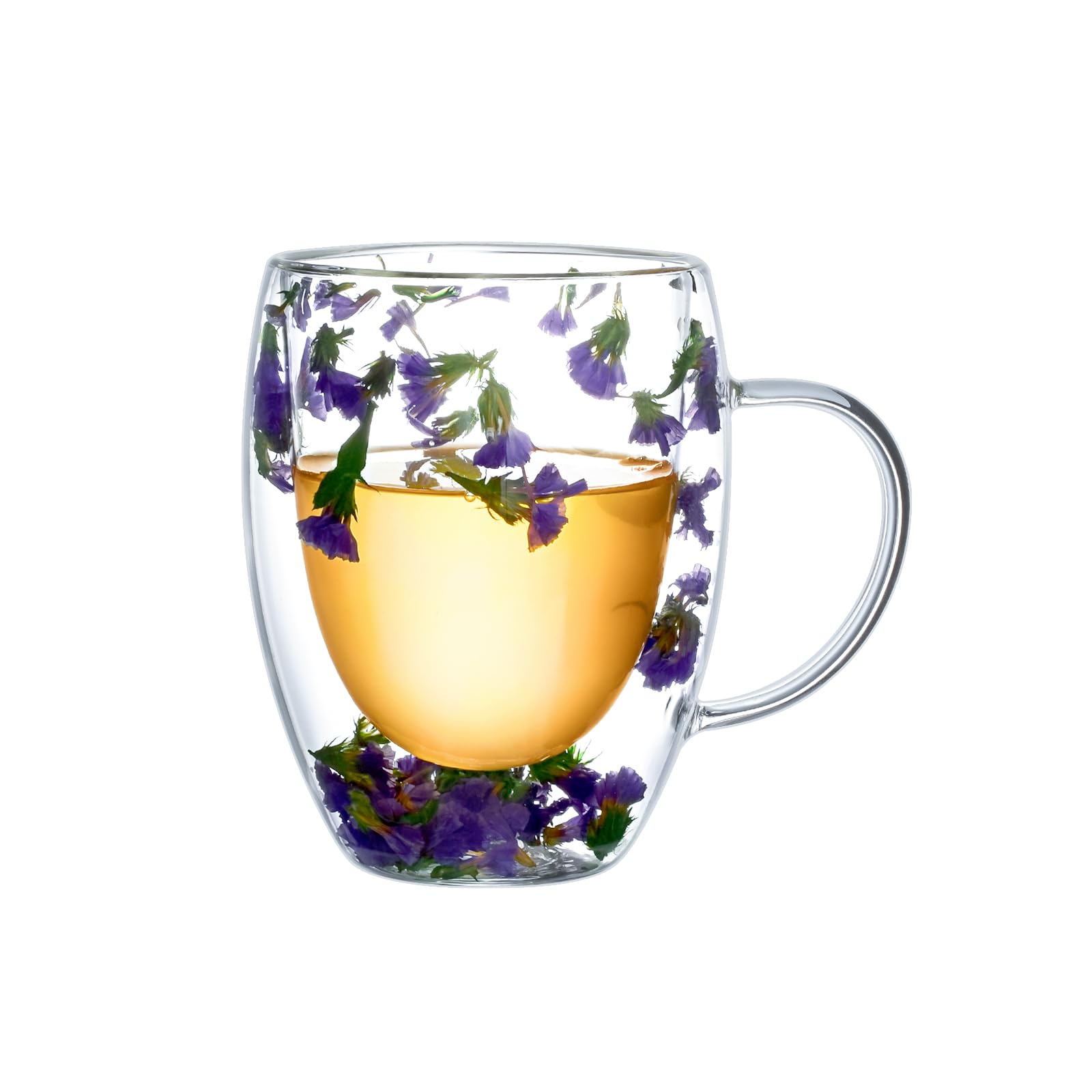 Double Walled Glass Coffee Mug with Handle, Insulated Layer Flowers Coffee Cup, Clear Cups with Purple Sea Lavender Flower, Perfect for Cappuccino Tea Latte Juice (Close-A)
