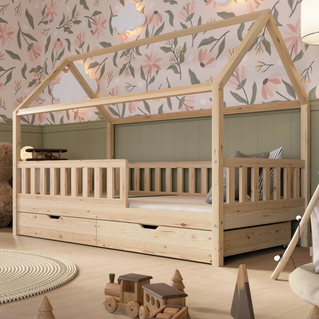 Cama Montessori en Forma de Casa 190x90 cm - Cama Infantil con Protección contra Caídas 40cm y Barrera Abrible - Camas Infantiles niño - Madera Natural con Cajones