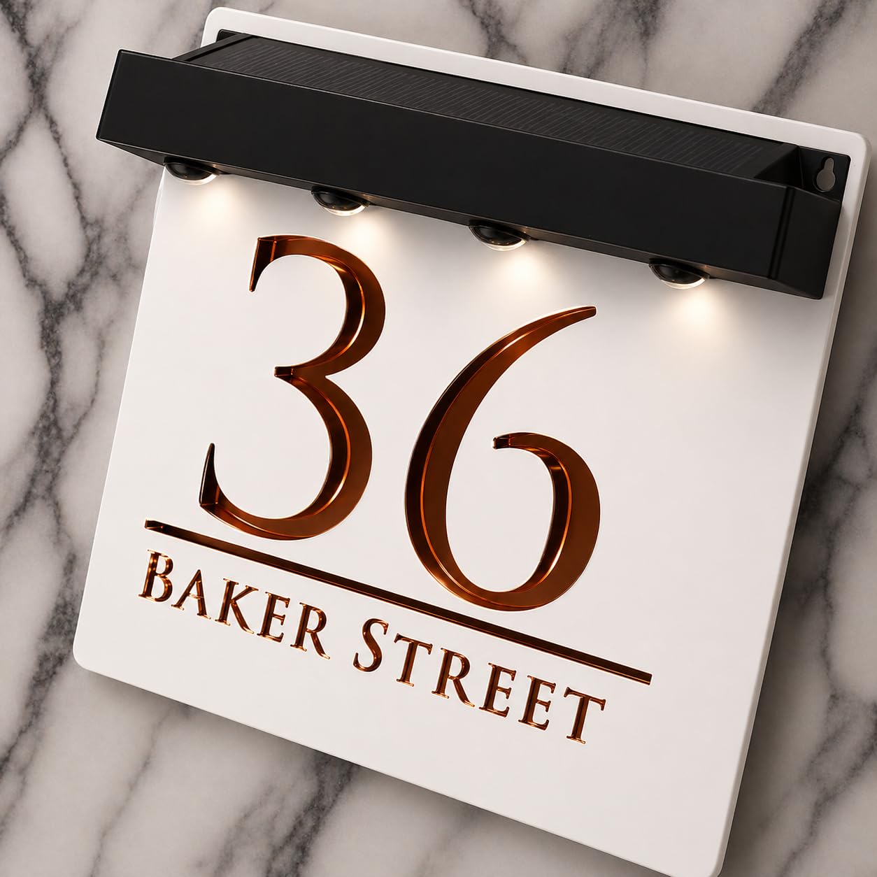 K Smart Sign | Bellissima S1 LED F32 | Square Solar Light House Signs Door Number Plaques With LED Personalised Name Address Sign For Wall With Classic Text (Matt White & Copper Mirror)