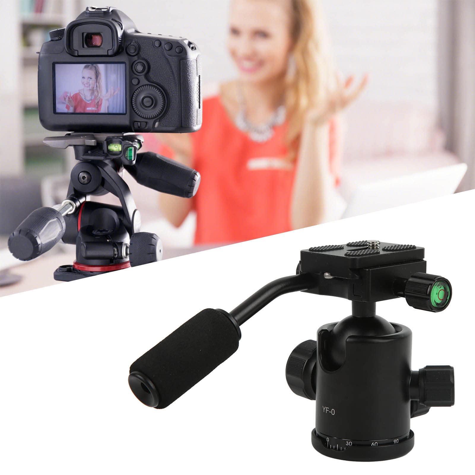 Testa del treppiede, piastra a sgancio rapido 3 manopole di regolazione 1/4 "testa della fotocamera 3/8" per sparare