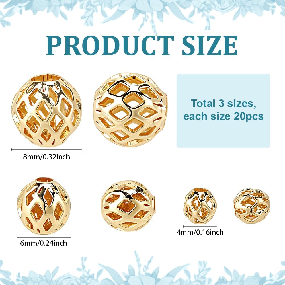 PH PandaHall 60pcs 14K Gold Plated Round Beads, 4/6/8mm Round Hollow Bead Metal Brass Spacer Beads Filigree Loose Bead for Earrings Bracelet Pendant Waist Chain Necklaces Jewelry DIY Crafts - Image 2