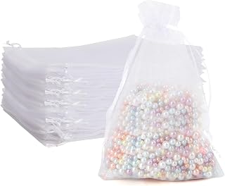 Organza Bags, 100Pcs White Gift Bags Sheer Organza Bags 4x6 Inches Mesh Bags Drawstring Jewelry Gift Bags Bulk Small Candy Bags for Wedding Birthday Valentines Jewelry Festival Soaps Party Favor Bags