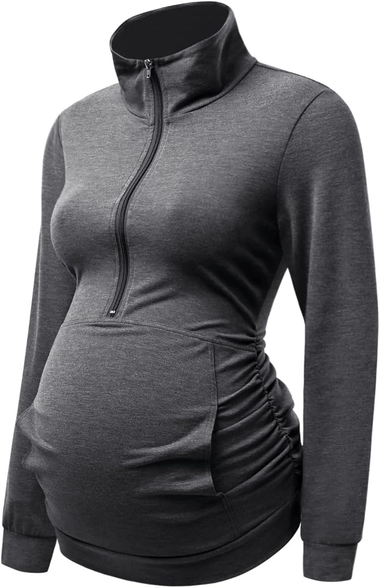 DEBELLY Maternity Sweatshirt with Half Zip for Pregnancy and Work Out | Long sleeve, Kangaroo pocket, Soft stretch, Casual wear, Work with scrubs, Layer under jacket, Postpartum nursing
