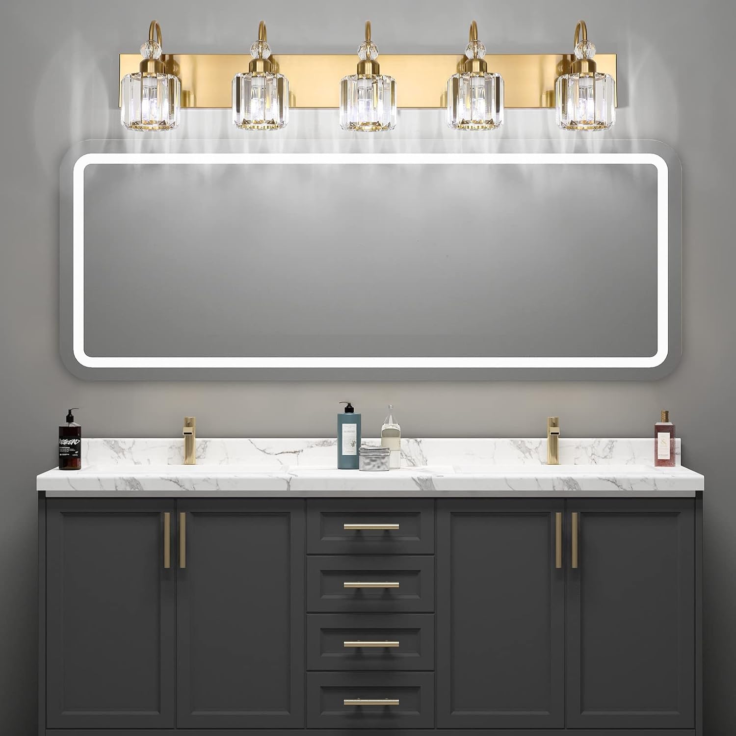 Ralbay Crystal Vanity Lights 5-Lights Brass Gold Over Mirror Modern Bathroom Wall Lighting Fixtures