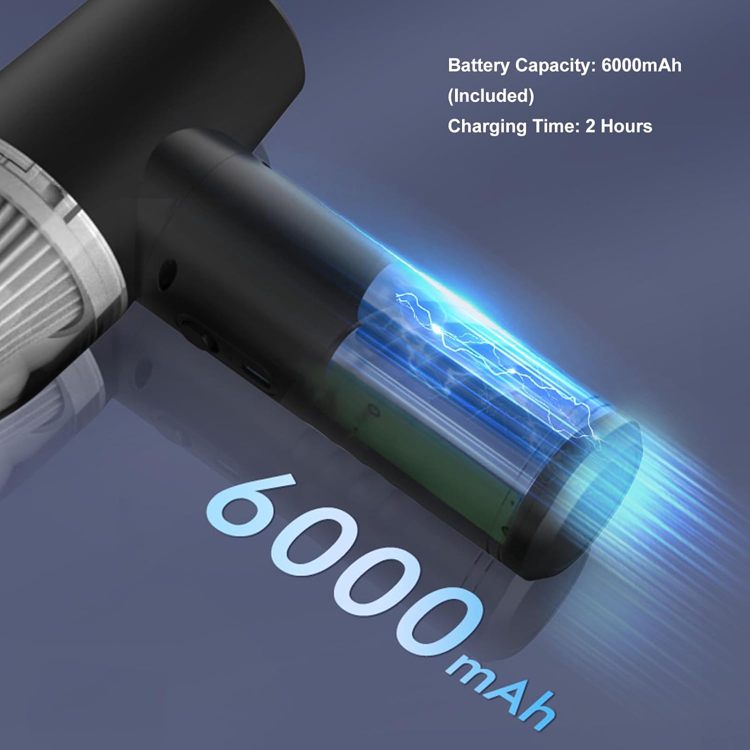 Illustration of 6000mAh battery capacity and 2-hour charging time