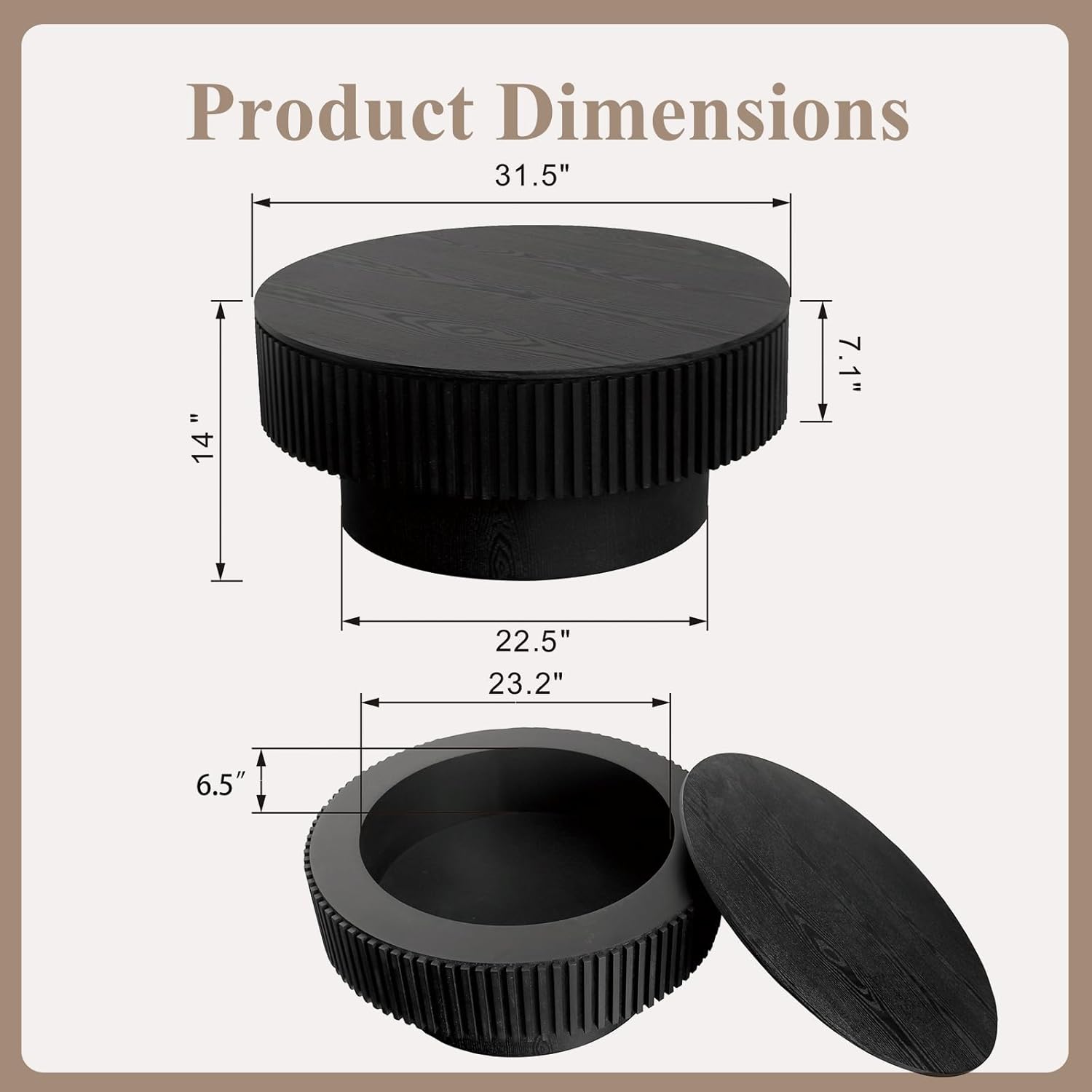 Round Coffee Table with Storage, 31.5" Mid Century Modern Drum Coffee Tables for Living Room, Round Wood Fluted Center Table with Hidden Storage & Sturdy Pedestal for Apartment,Office,Black