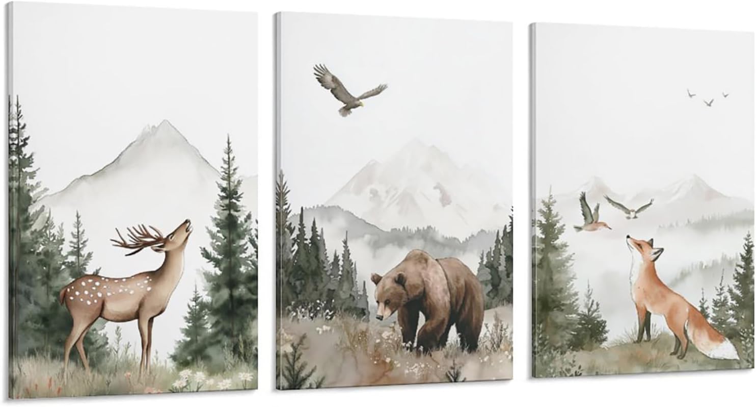 Nursery Wall Art Wild Woodland Animals Wall Decor Deer Bear Fox Watercolor Pictures Paintings Prints Adventure Theme Canvas Posters for Boys Bedroom Girls Living Room 12x16 inches 3Pcs Framed