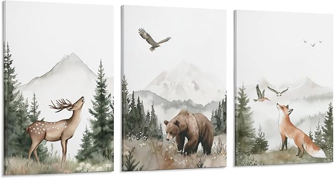 Nursery Wall Art Wild Woodland Animals Wall Decor Deer Bear Fox Watercolor Pictures Paintings Prints Adventure Theme Canvas Posters for Boys Bedroom Girls Living Room 20x30 inches 3Pcs Framed
