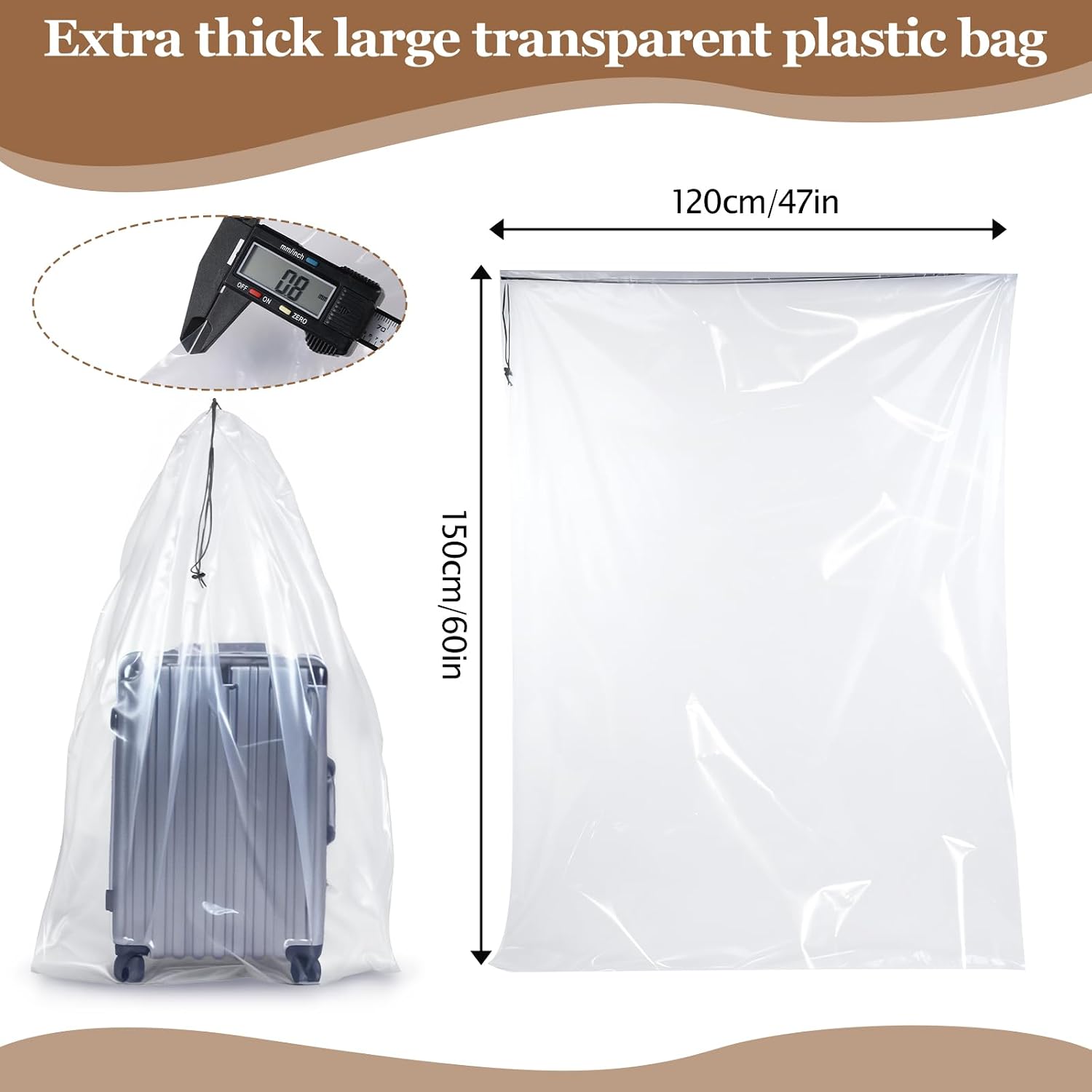 6 Pack 47x59 inches Dustproof Moistureproof Luggage Bags Extra Large Clear Drawstring Plastic Storage-Bags, 4 Mils Luggage Storage Bags for Storage and Keeping Luggages