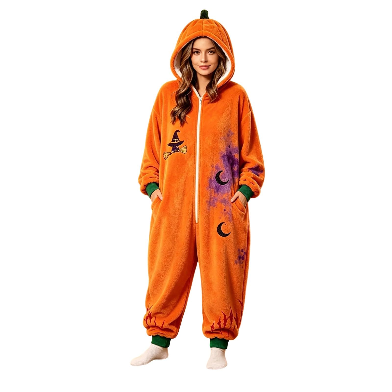 Generico Pigiama Halloween Donna - Elegante Tuta Intera da Halloween con Cerniera Frontale Cappuccio Pile Stampato per Donna Comoda per Feste a Tema Uso Quotidiano e Relax