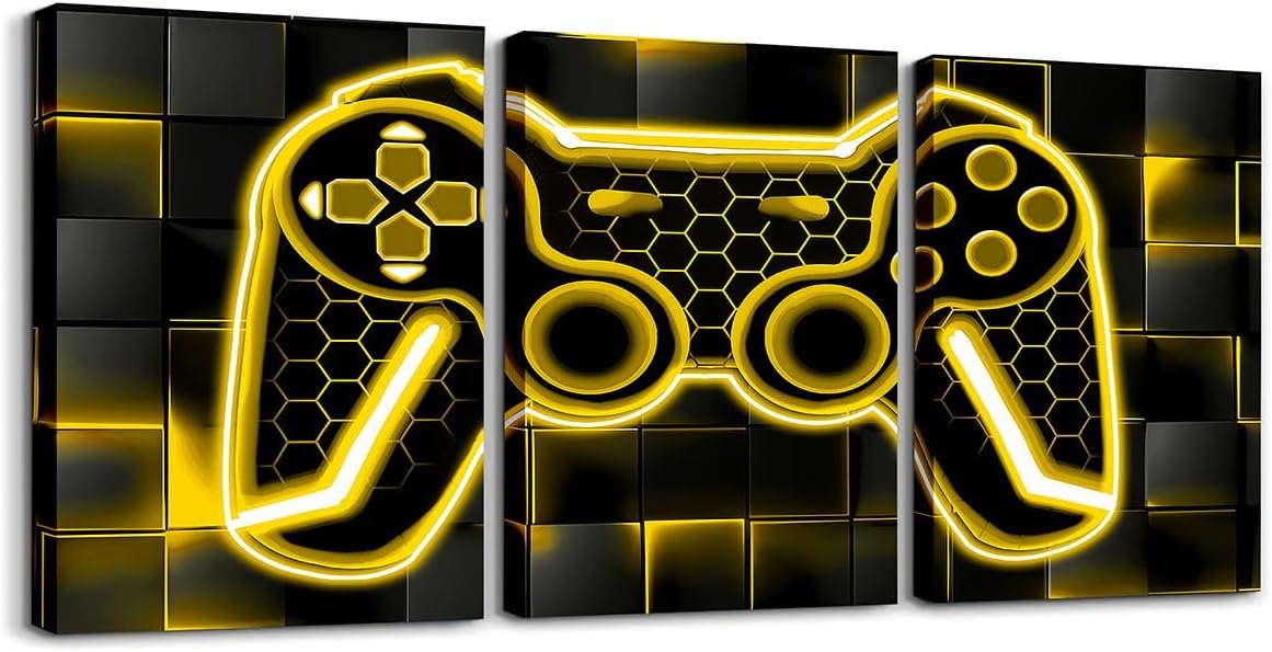 Feelyou Lienzo decorativo para pared de sala de estar, 12 x 16 pulgadas, 3 piezas, color amarillo y negro, decoración de pared para juegos, oficina,