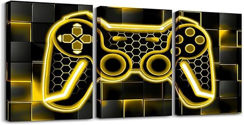 Feelyou Lienzo decorativo para pared de sala de estar, 12 x 16 pulgadas, 3 piezas, color amarillo y negro, decoración de pared para juegos, oficina,