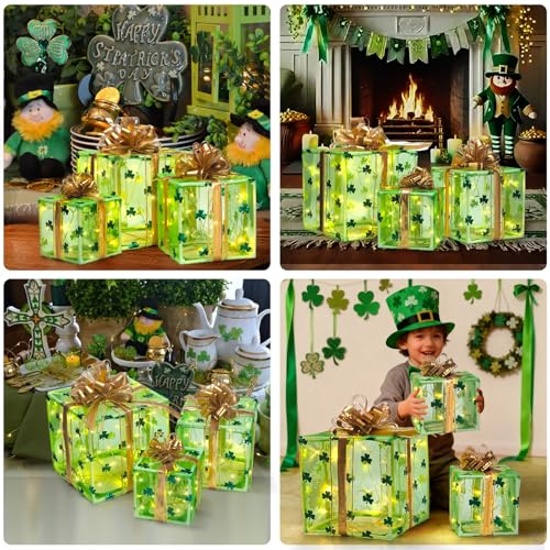 St Patricks Day Decoration Boxes, Set of 3 St Patricks Day Lighted Gift Boxes, Golden Bow & Clover Print 50LED Lightup St Patrick Day Present Ornament for Indoor/Outdoor Saint Patrick's Irish Decor by vokoroad - Used condition - Image 7