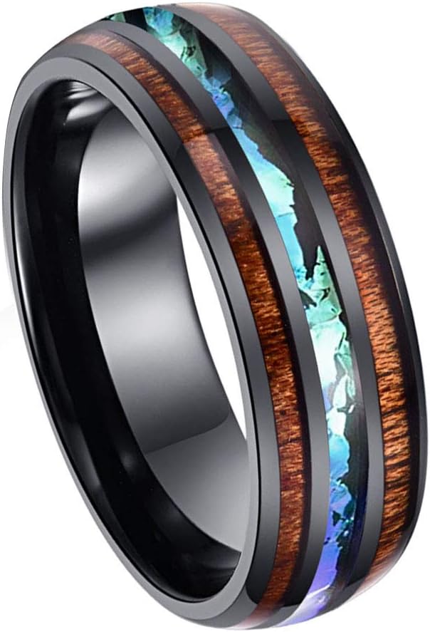 8mm Hawaiian Koa Wood and Abalone Shell Stainless Steel Rings Wedding Bands for Men Comfort Fit - Image 2