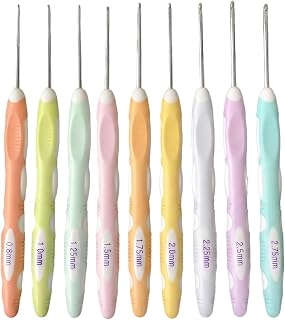 QUUPYSTORE Small Crochet Hooks Set with Silicone Grip Handles 9 Pcs | 9 sizes 0.8mm-2.75mm; ergonomic contoured grip; color-coded for size identification; smooth aluminum needle tips