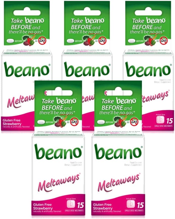 Beano Meltaways | Gas Prevention & Bloating Relief | Strawberry Flavor | 15 Count Each | Pack of 5