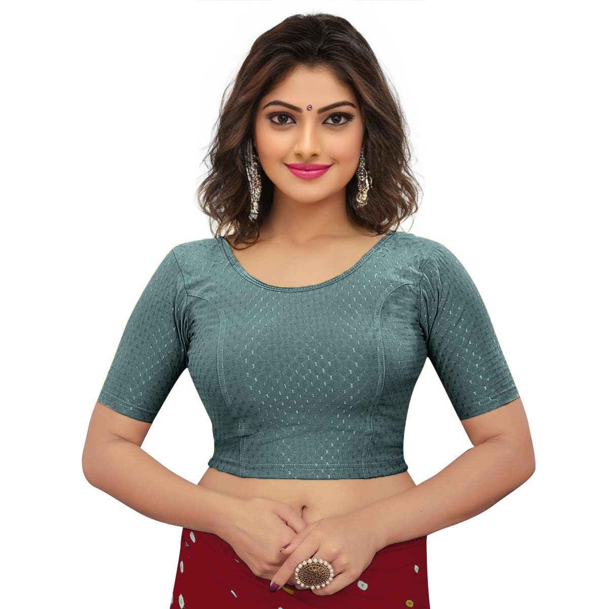 Round Neck Dobby Fabric Stretchable Elbow Sleeve Readymade Saree Blouse for Women Plain Solid Design for Every Saree Grey Size 30"-image-41