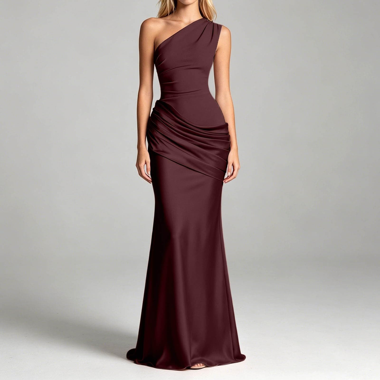 Vestido Midi Ajustado de satén con Fruncido asimétrico en los Hombros para Mujer, para Fiestas y Salidas nocturnas.