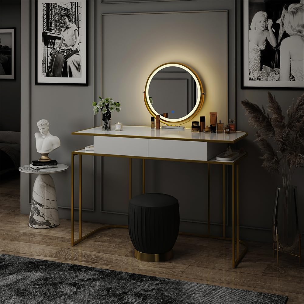 Vicco Tavolo da toilette Tiara, Bianco/Oro, 110 cm, con illuminazione LED e specchio regolabile in altezza