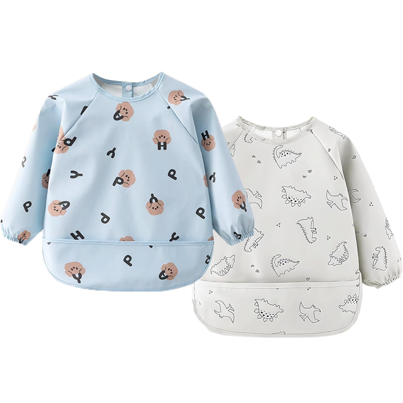 KMAHBE Baby Bibs with Long Sleeves and Large Pocket Baby Weaning 2 Pack Pu Waterproof Toddler Bibs From 6 Months to 24 Months
