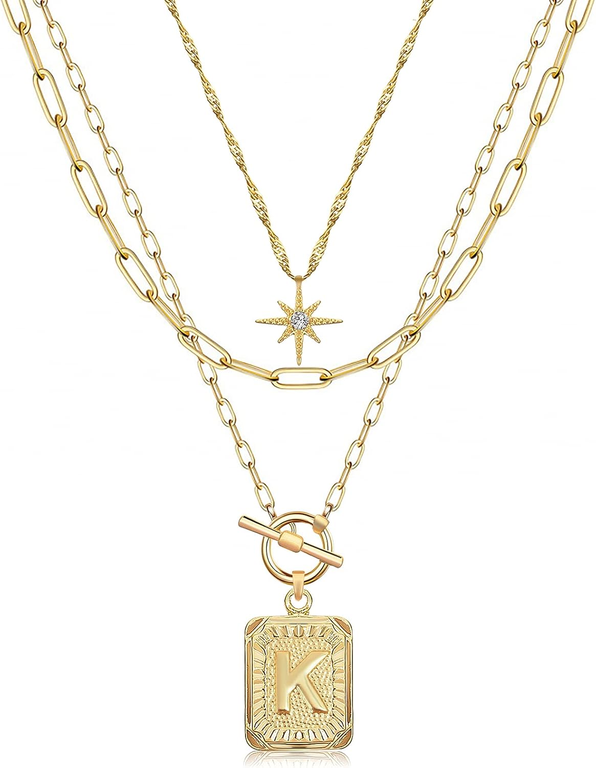 MJartoria Layered Initial Necklaces for Women Trendy, 14K Gold Plated Simple Star Choker Square Letter Pendant Necklace, Paperclip Chain Necklace, Gold Necklaces Jewelry Gifts