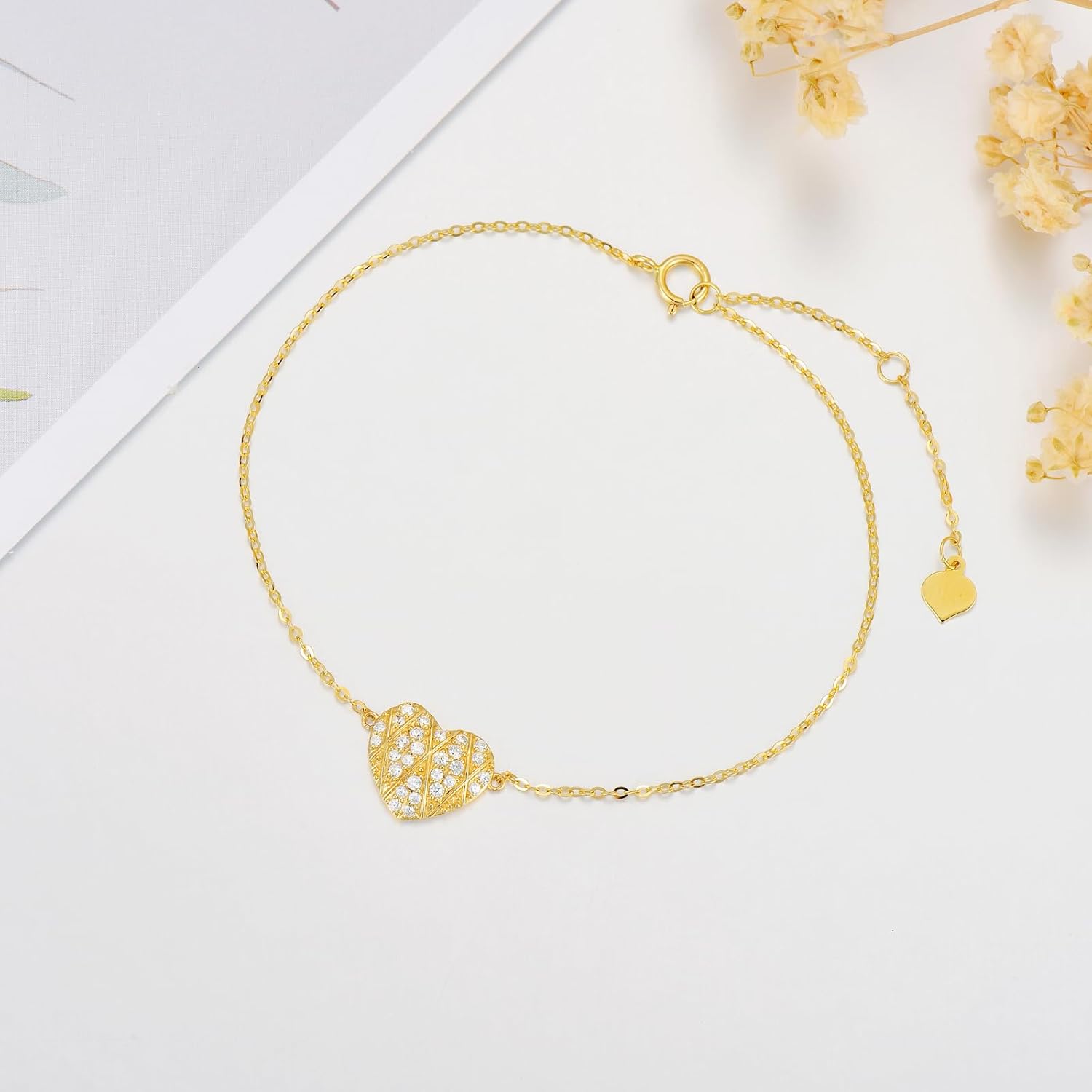 SISGEM 10k Gold Created Moissanite Heart Bracelet for Women, Love Jewelry Present for Her 6.8-8.4 Inches