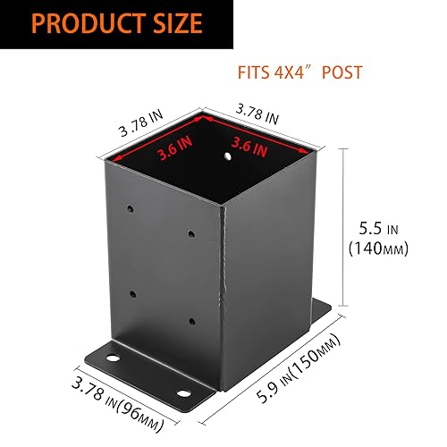 Miniatura 2 de Base de poste de 4 x 4, soportes de poste (tamaño interior de 3.6 x 3.6 pulgadas), anclaje de poste de acero grueso grueso con recubrimiento de