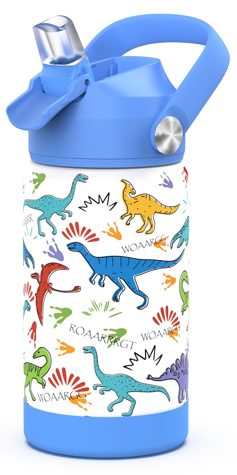 ntskood Boys Dinosaur Water Bottle for School，Kids 12 oz Insulated Stainless Steel Cup with Straw, Double-Wall Vacuum Leakproof