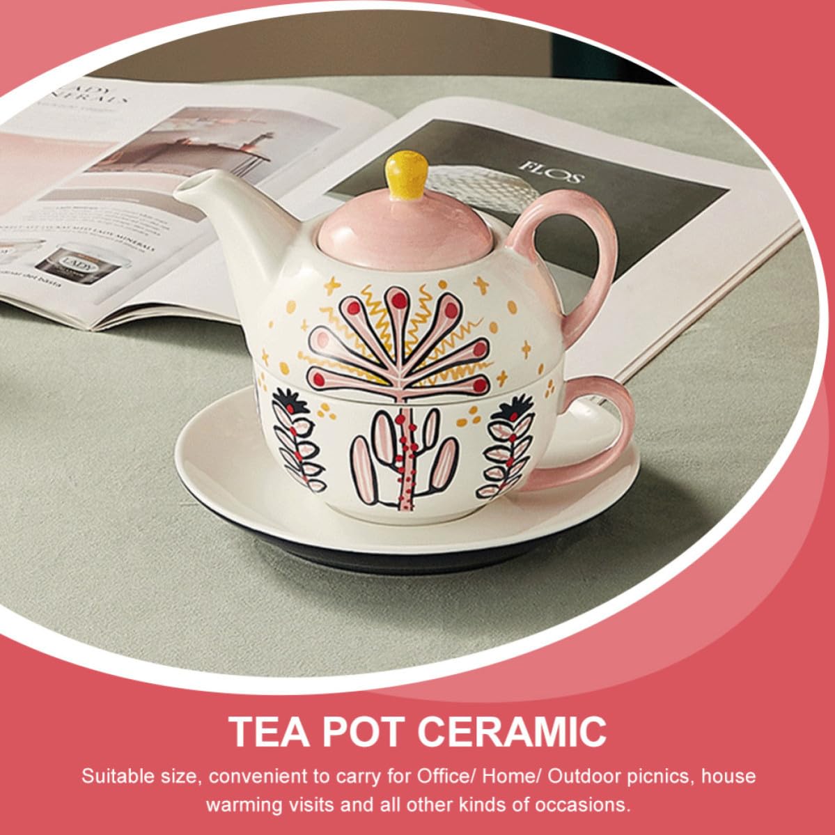 Juego de Tetera de Cerámica Rosa Reutilizable Taza y Bandeja