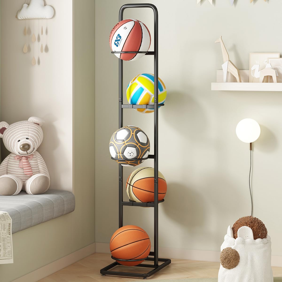 Vertical Ball Storage Rack - Adjustable 5-Tier Sports Organizer Stand for Basketball, Soccer, Volleyball and More?56.7inches?