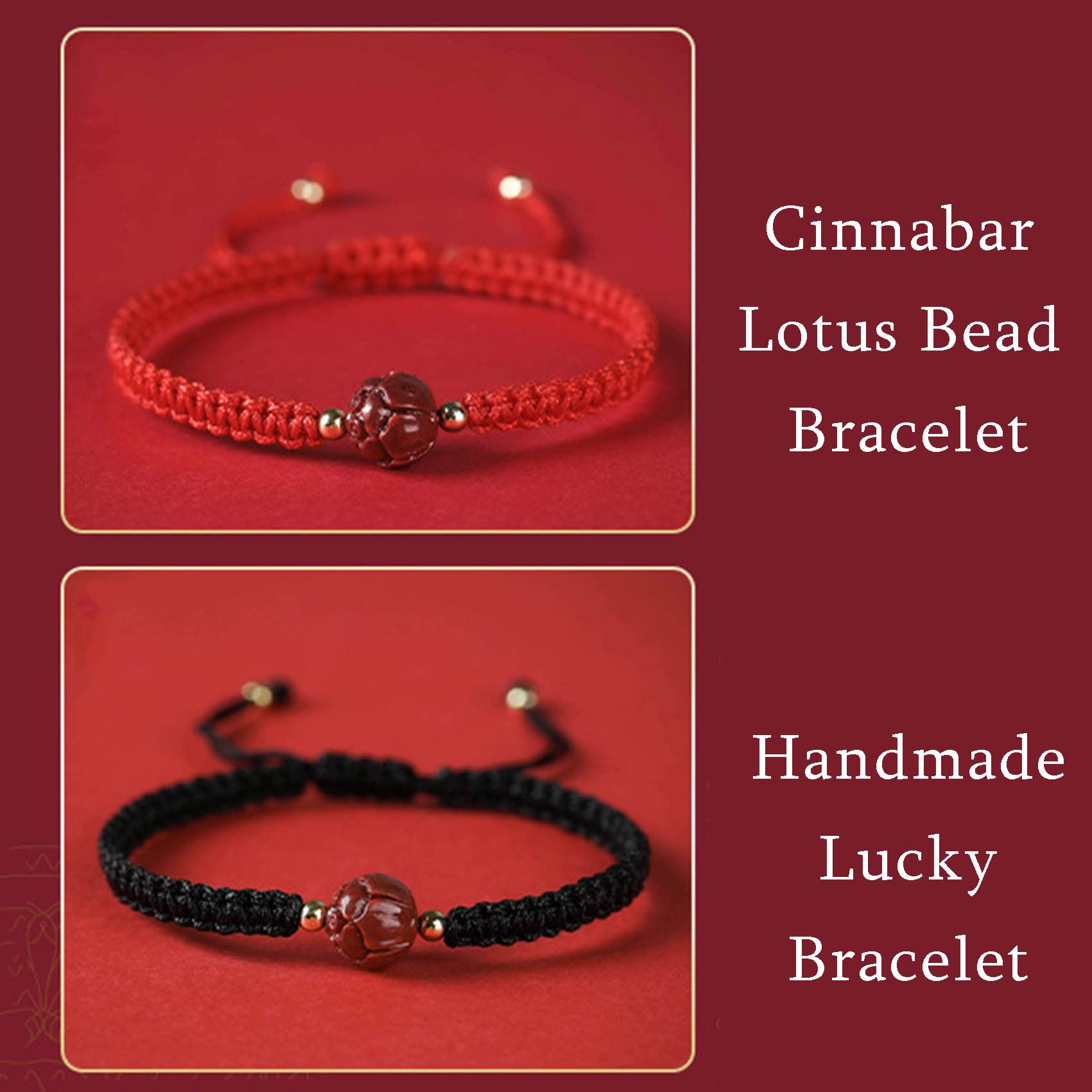 2 Pulseras Feng Shui con Piedra de Cristal de cinabrio, Cuentas de Loto talladas, Pulsera de Hilo Rojo, Pulsera Budista Hecha a Mano, Amuleto Ajustable de Buena Suerte, Mujeres, Hombres, Rojo, una