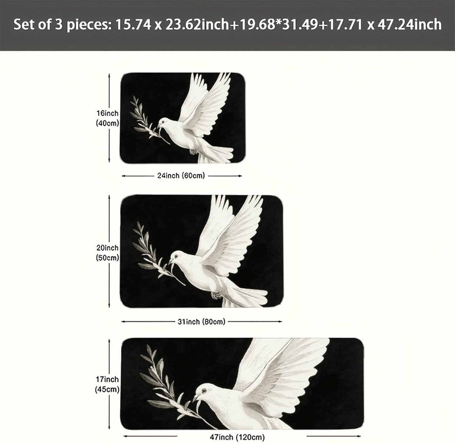 White Dove Peace Symbol Kitchen Mats for Floor 3 Pcs Kitchen Rugs