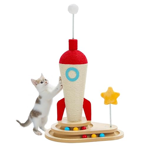 PEQULTI Rocket Design Cat Scratching Post, 24.8 Inches, Great Cat Scratching Structure for Indoor Cats with Cat Toy, Blue & White - L-Rocket